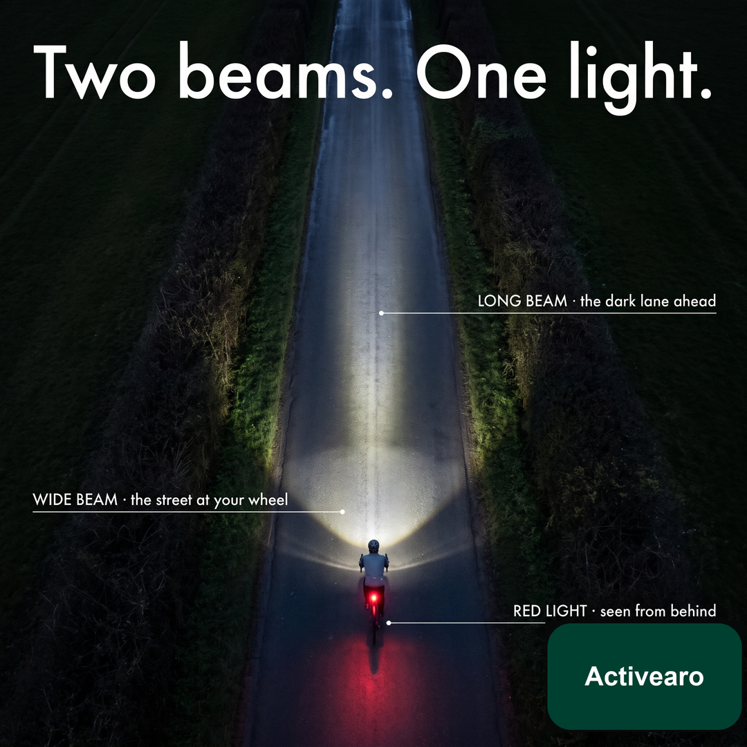 Overhead view of a cyclist on a dark lane showing the wide beam, long beam and red rear light