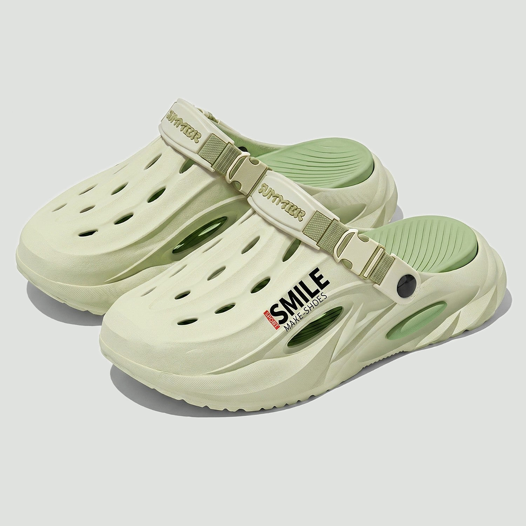 Men's EVA clogs Mint Green pair with back strap folded forward, slide mode