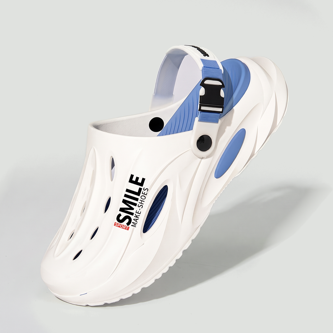 Men's EVA clog White/Blue side view with back strap up