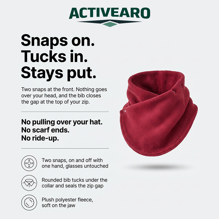 Snap-close fleece neck warmer, feature card