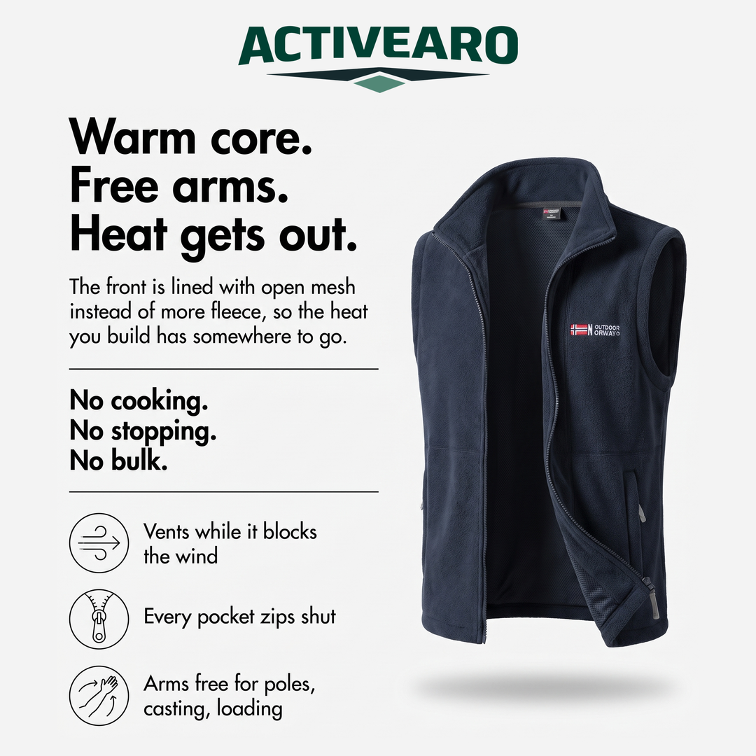 Fleece vest features: mesh-lined front, zipped pockets, free arm movement