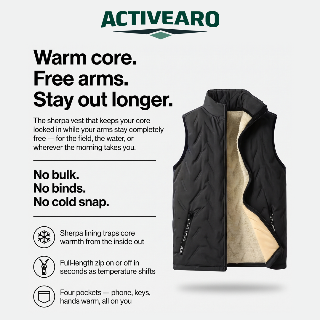 Activearo sherpa fleece vest - warm core, free arms feature card
