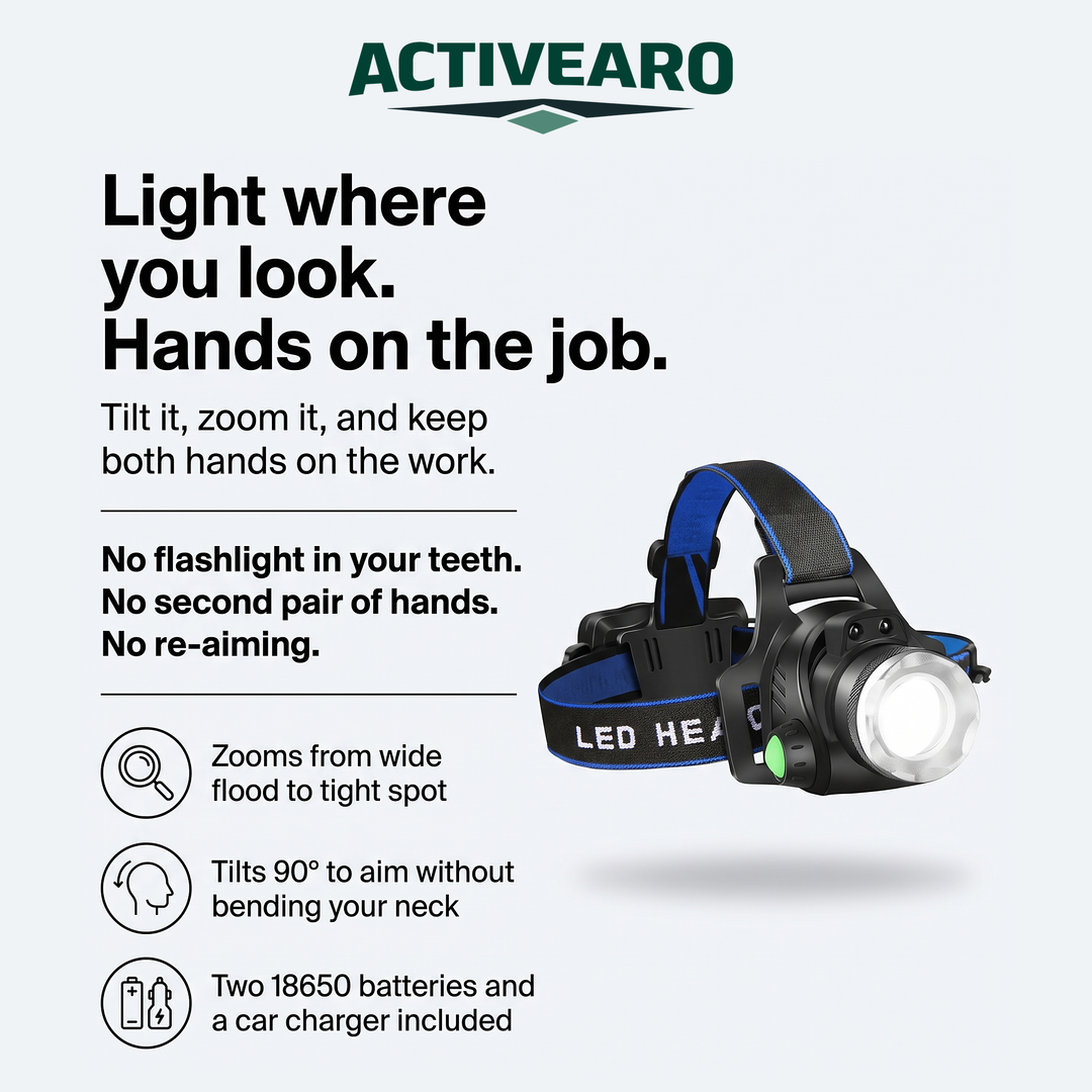 Activearo headlamp infographic: zooms flood to spot, tilts 90 degrees, two 18650 batteries and car charger