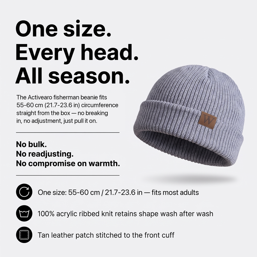 Fisherman Beanie material specs - acrylic ribbed knit, genuine leather patch