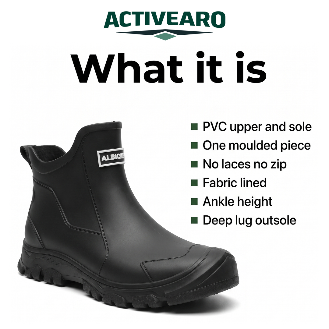 Key specifications: PVC upper and sole, one moulded piece, no laces, fabric lined, ankle height, deep lug outsole