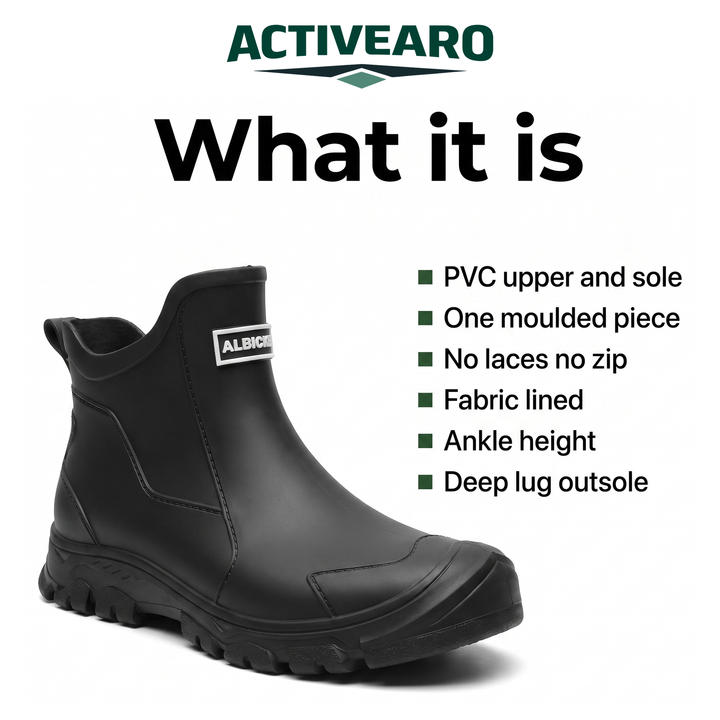 Key specifications: PVC upper and sole, one moulded piece, no laces, fabric lined, ankle height, deep lug outsole