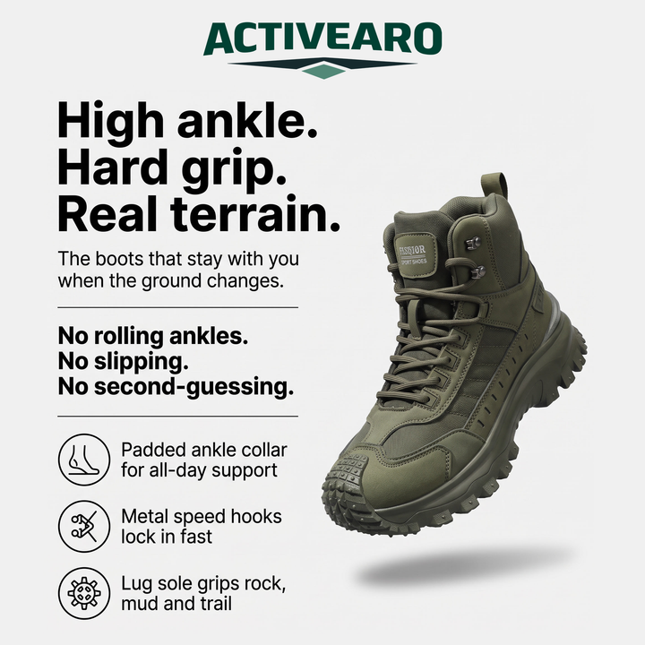 Activearo high top tactical boot - ankle support and grip feature card