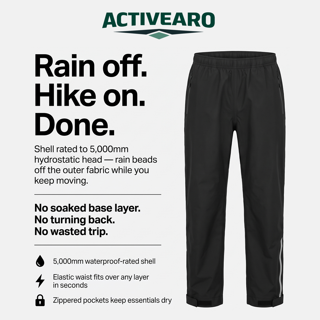 How the Activearo rain pants work: 5,000mm shell, elastic waist, zip pockets