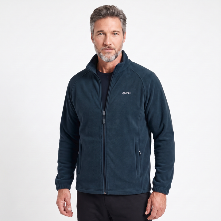 Men's full-zip blue fleece jacket with stand collar and zip pockets