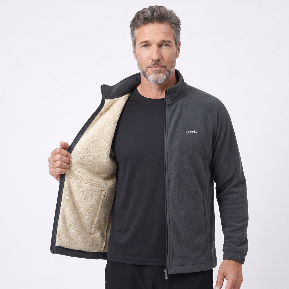 Man holding open the full-zip fleece jacket to show the plush sherpa lining inside