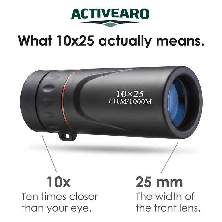 What 10x25 means on the Activearo monocular: 10x closer, 25 mm front lens