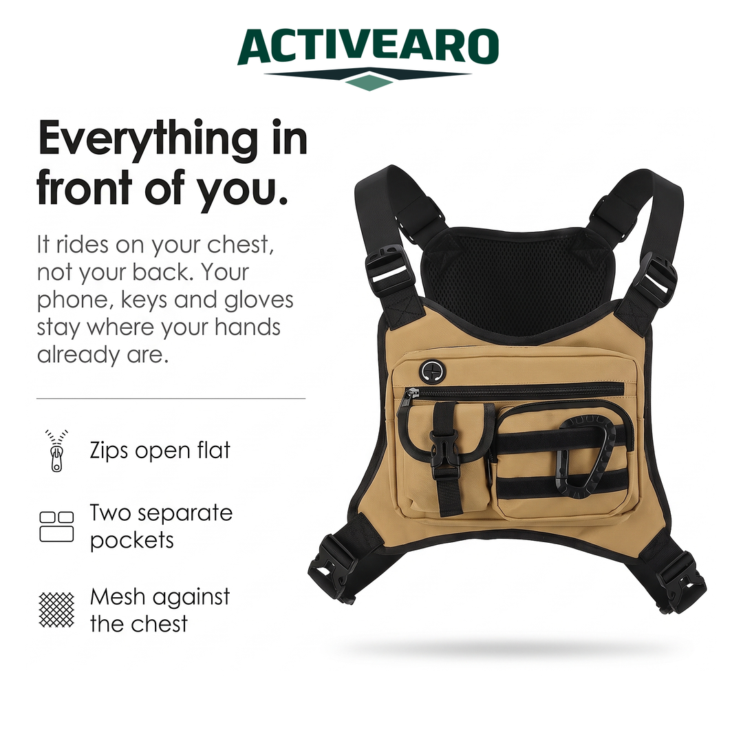 How the Activearo chest bag works: zips open flat, two pockets, mesh back