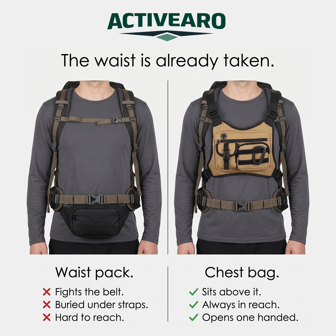 Waist pack under a hip belt compared with the Activearo chest bag