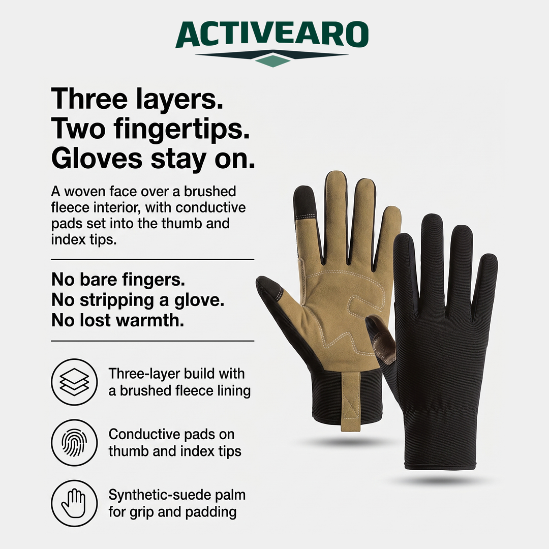 Activearo tactical gloves: three-layer build, conductive thumb and index pads, synthetic-suede palm