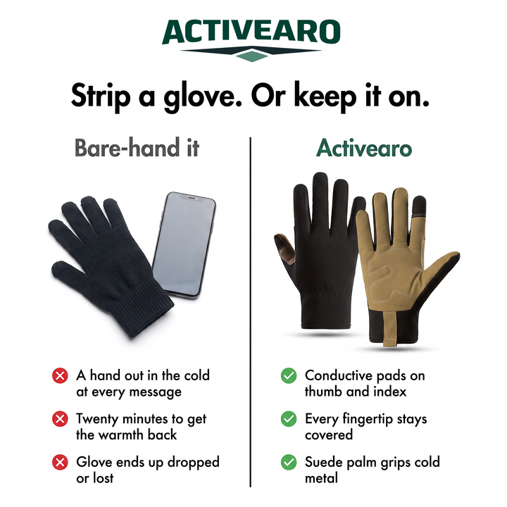 Bare hand with phone compared with Activearo touchscreen gloves