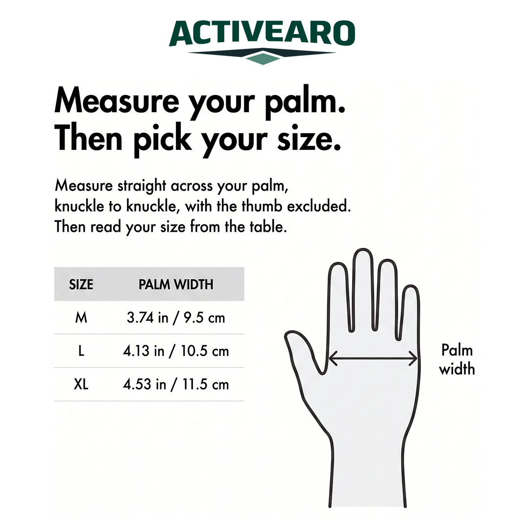 Activearo glove size chart by palm width: M 3.74 in, L 4.13 in, XL 4.53 in