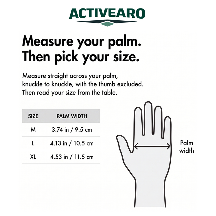 Activearo glove size chart by palm width: M 3.74 in, L 4.13 in, XL 4.53 in