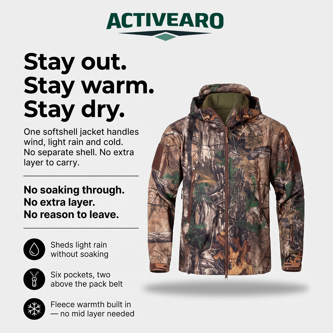 Camo softshell hunting jacket infographic: sheds light rain, six pockets, fleece lining
