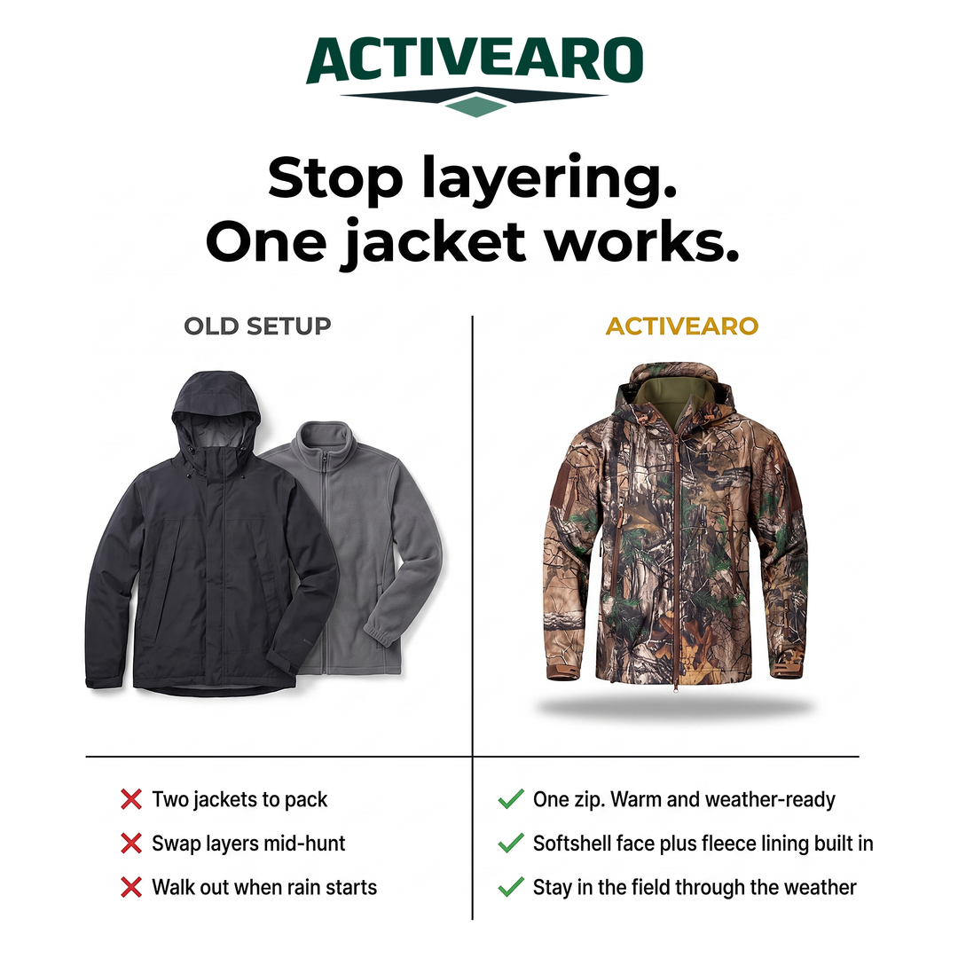 A shell and fleece setup compared with the Activearo camo softshell hunting jacket