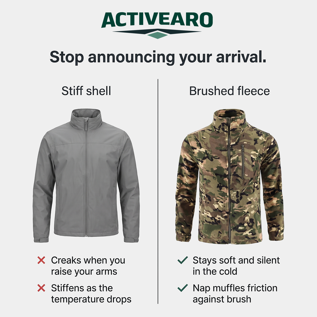 A stiff shell compared with the brushed camo fleece jacket