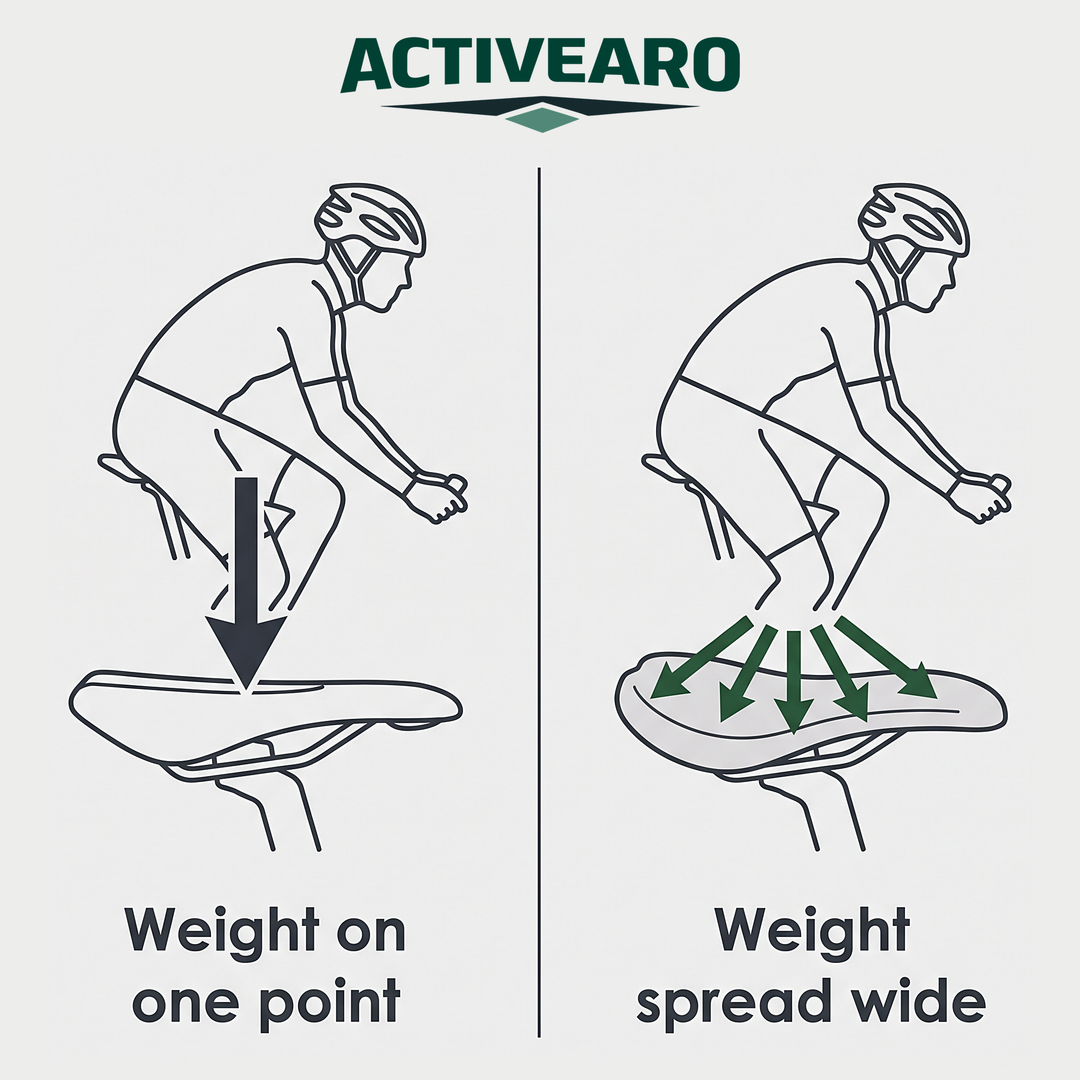 Activearo padded bike shorts - saddle pressure on one point vs spread wide diagram