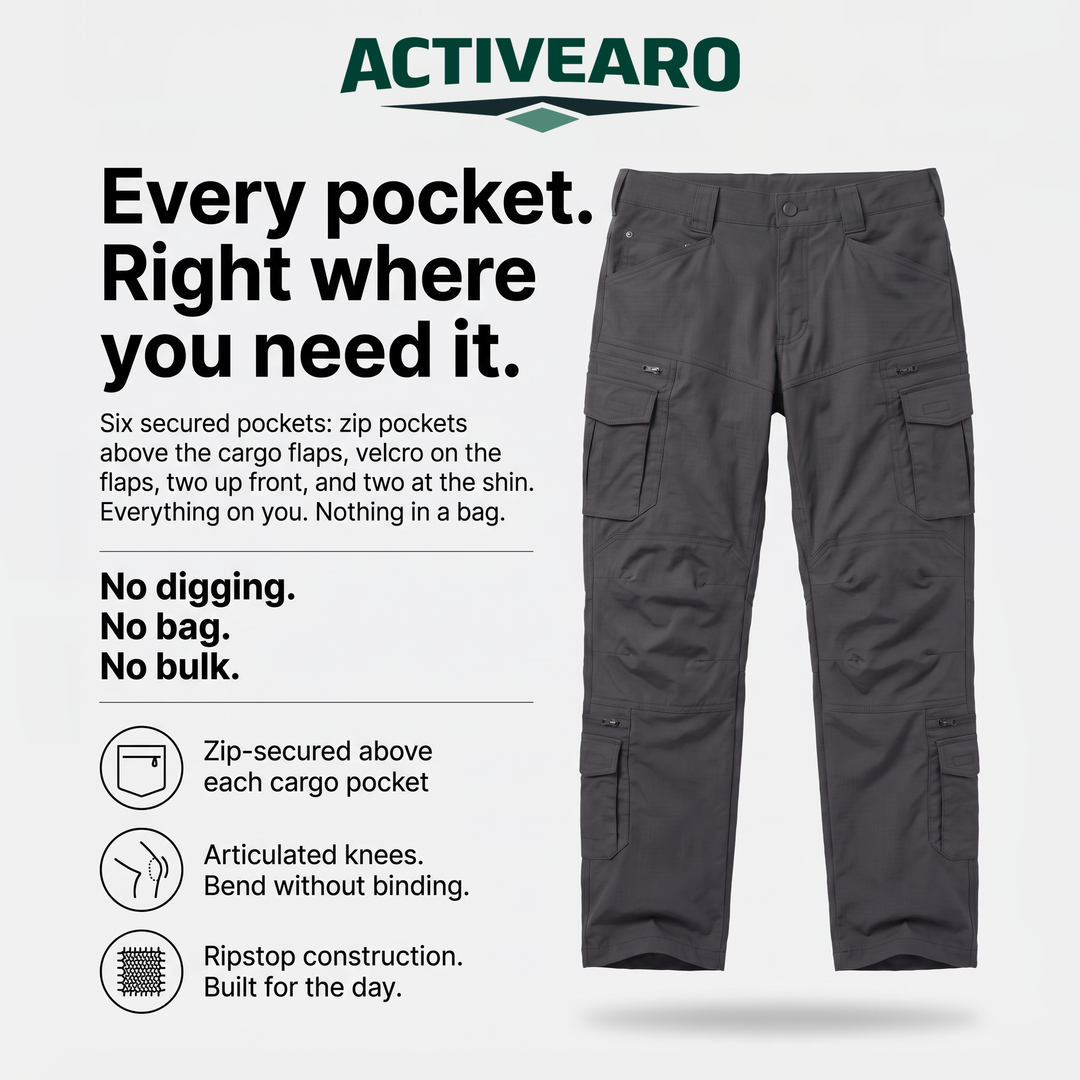 Cargo pants pocket layout: six secured pockets, articulated knees, ripstop construction