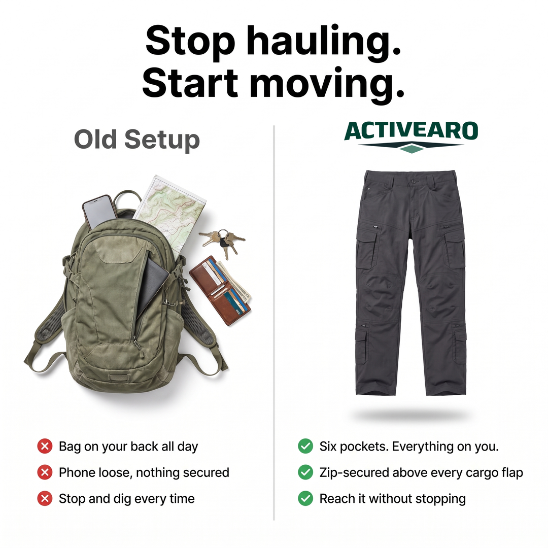 Cargo pants compared with carrying a backpack: six pockets, zip-secured above every cargo flap