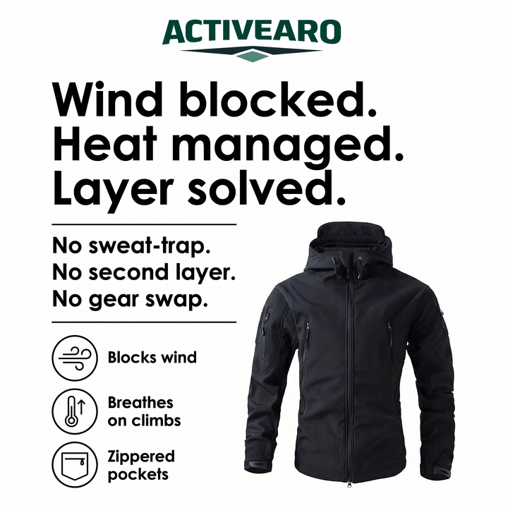 Activearo softshell fleece jacket infographic: blocks wind, breathes on climbs, zippered pockets