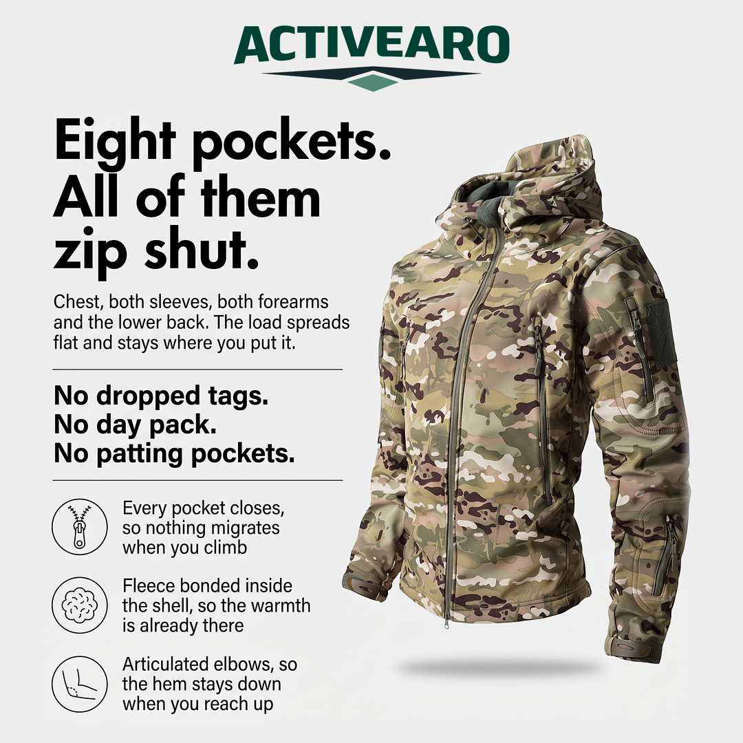 Hunting jacket with eight zip pockets, feature card