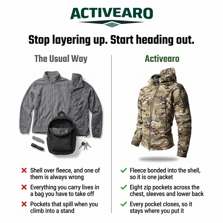 Hunting jacket compared with a fleece, shell and day pack