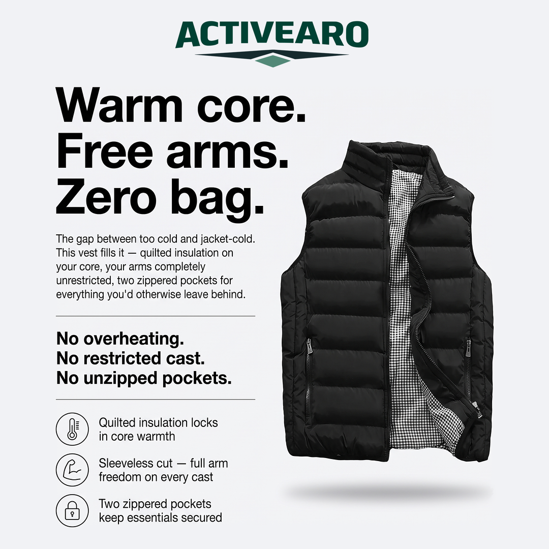 Puffer vest infographic: quilted insulation, sleeveless cut and two zippered pockets