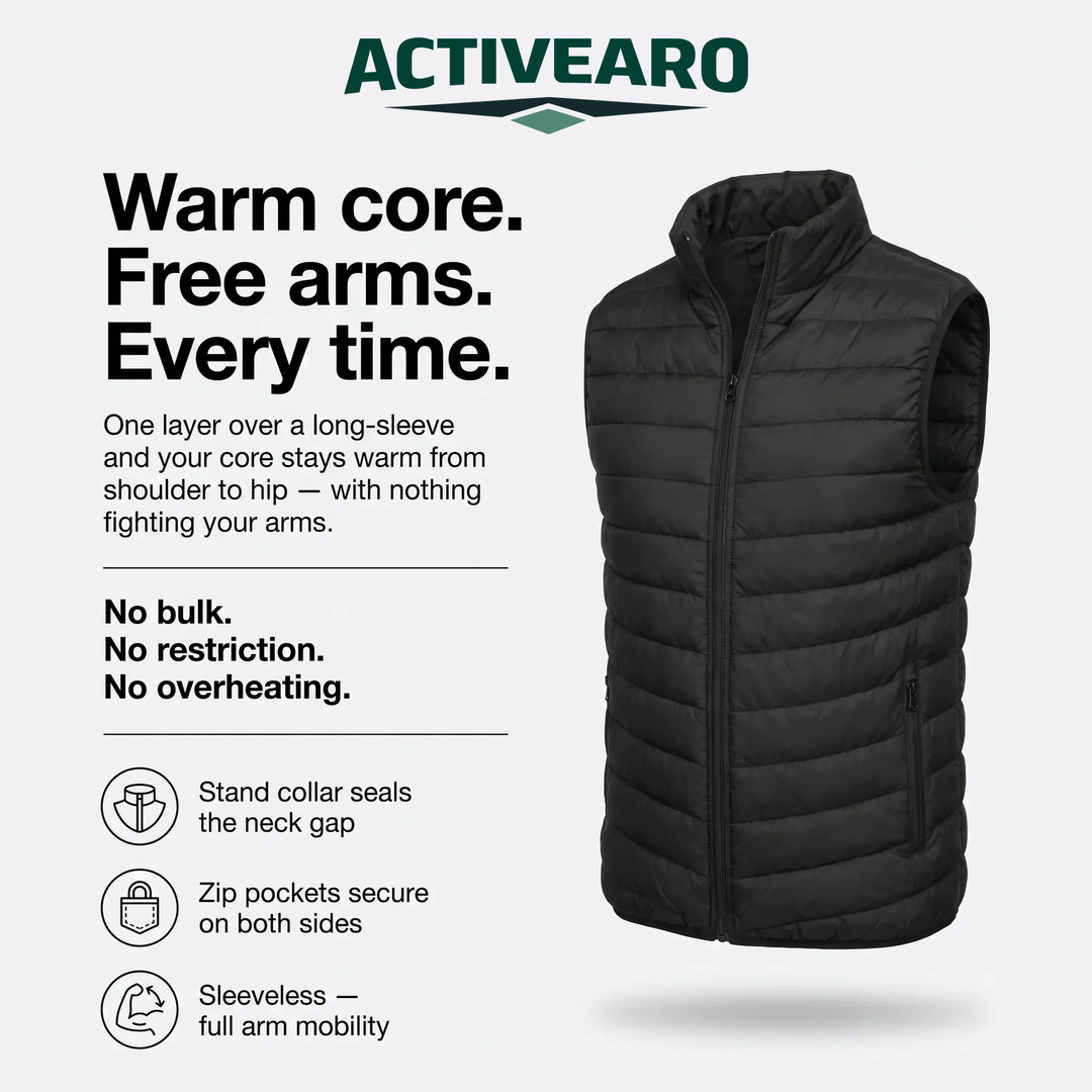 Activearo men's puffer vest - warm core, free arms feature card