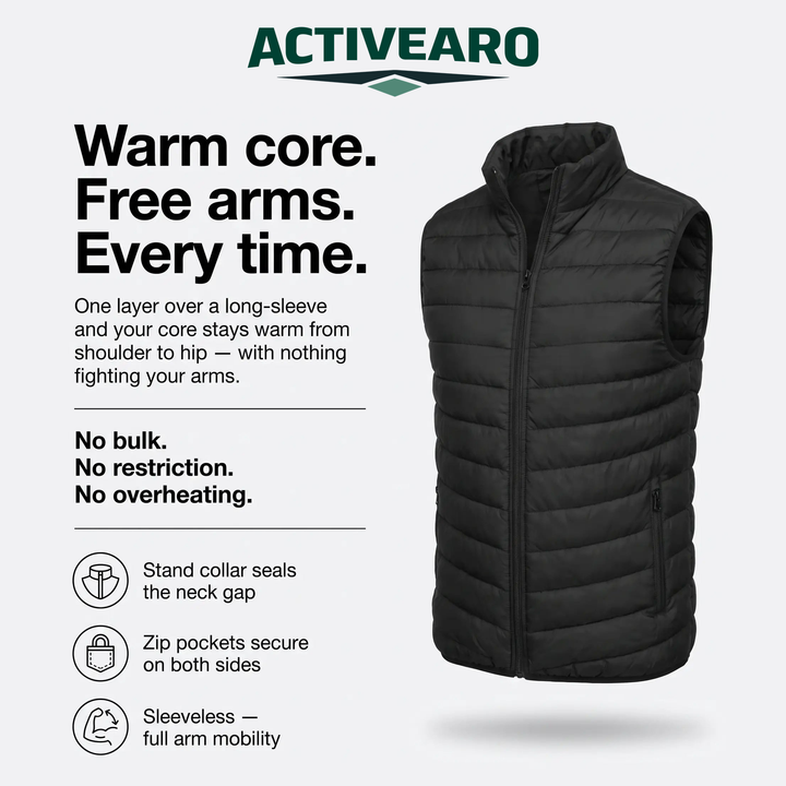 Activearo men's puffer vest - warm core, free arms feature card