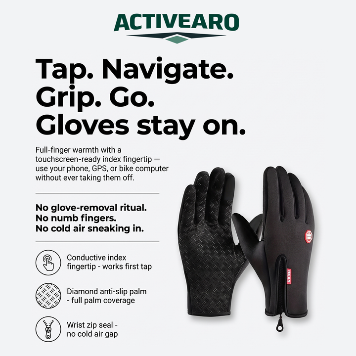 Activearo winter gloves with conductive index fingertip, diamond anti-slip palm and wrist zip seal