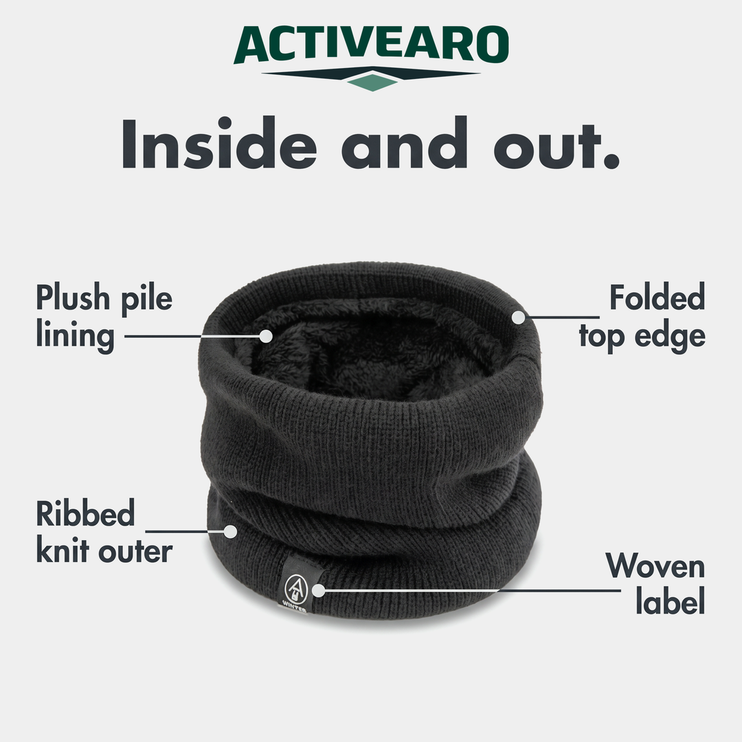 Fleece lined neck gaiter anatomy, pile lining and knit outer