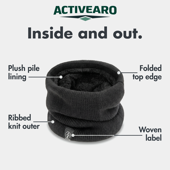 Fleece lined neck gaiter anatomy, pile lining and knit outer