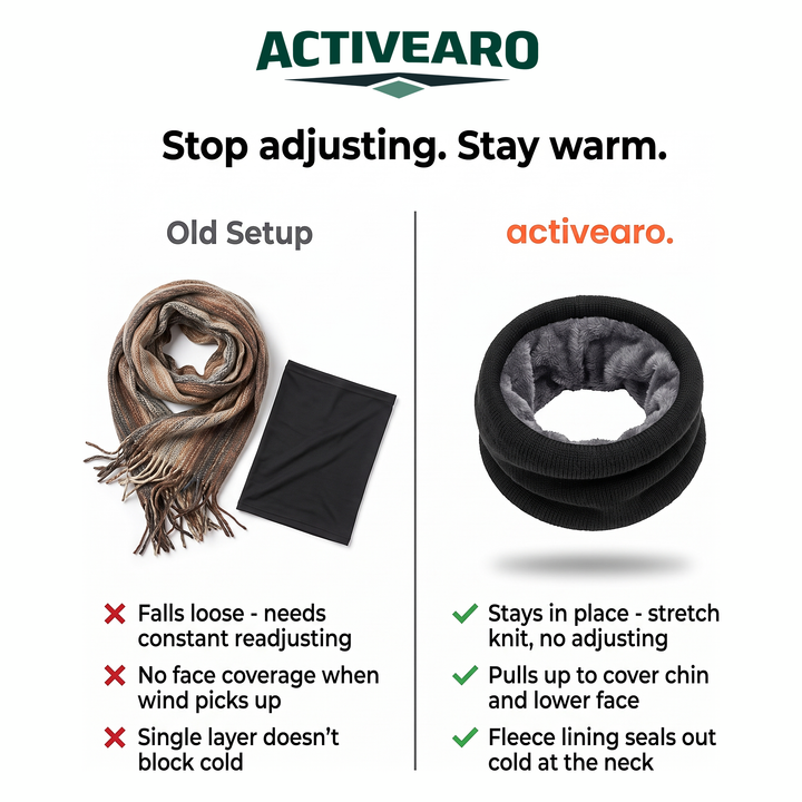 A scarf and a thin gaiter compared with the Activearo fleece-lined neck gaiter