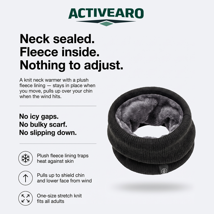 Fleece-lined neck gaiter infographic: plush fleece lining, pulls up over the chin, one-size stretch knit