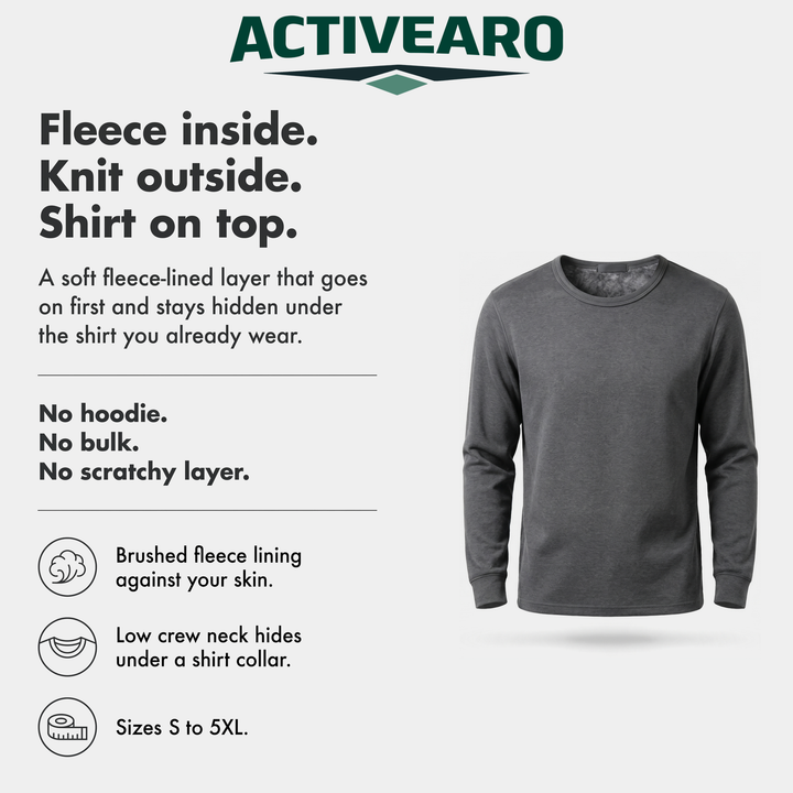 Fleece inside, knit outside, shirt on top: brushed fleece lining, low crew neck, sizes S to 5XL