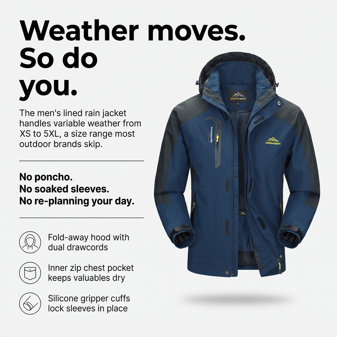 Men's Rain Jacket - Features Overview - sizes XS to 5XL