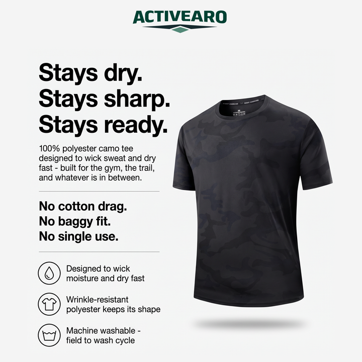 Activearo Camo T-Shirt features - stays dry, stays sharp, stays ready infographic
