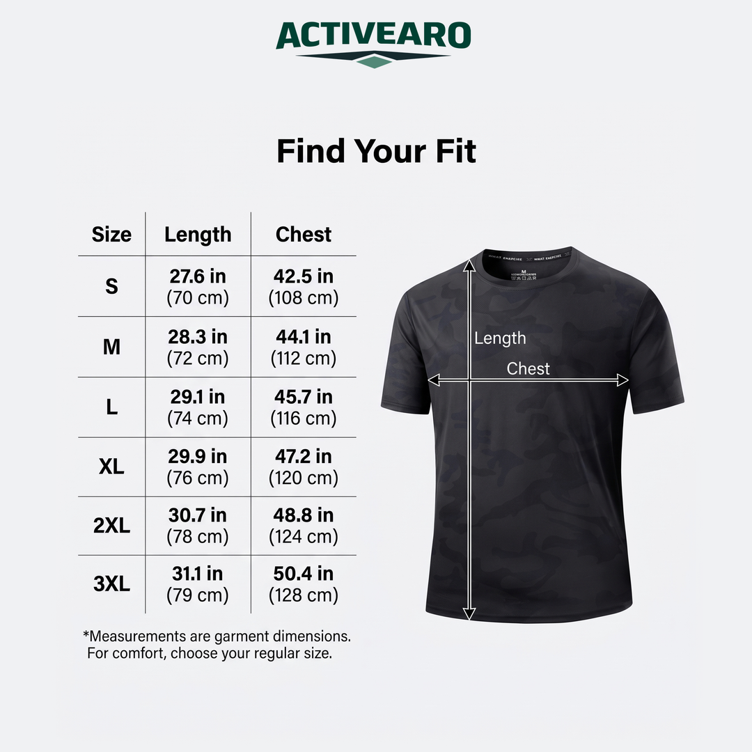 Men's Camo T-Shirt size chart S to 3XL - length and chest in inches and cm
