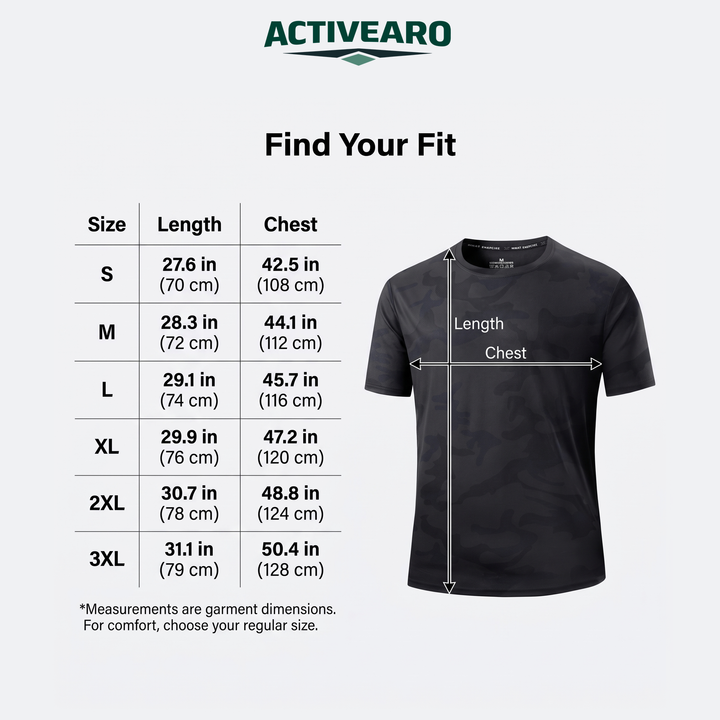 Men's Camo T-Shirt size chart S to 3XL - length and chest in inches and cm