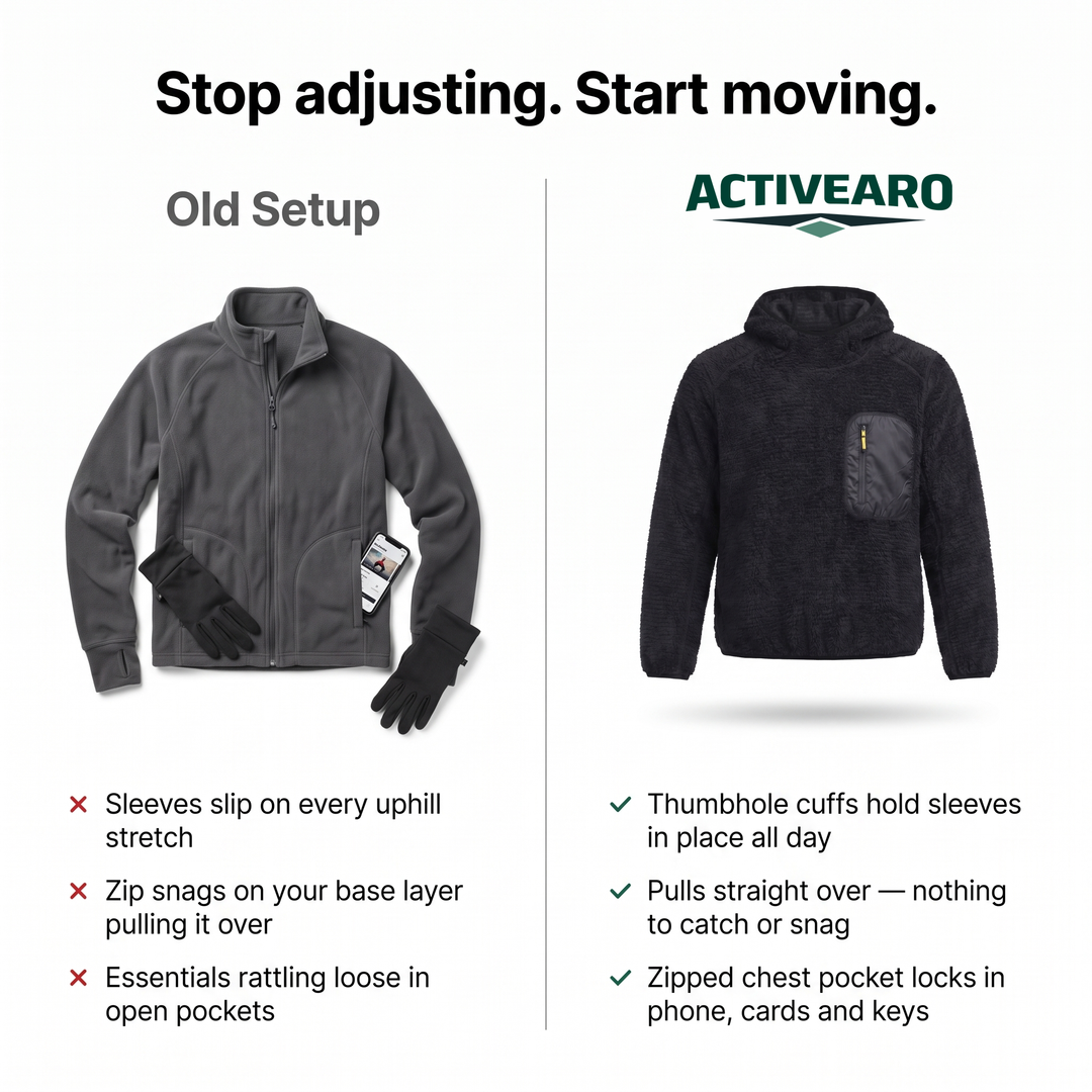 Sherpa fleece hoodie compared with a zip fleece jacket and gloves