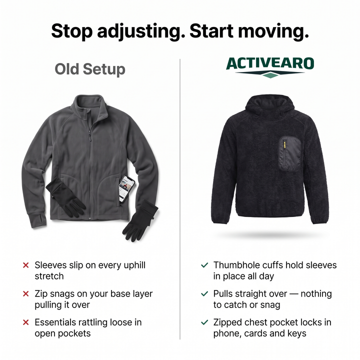Sherpa fleece hoodie compared with a zip fleece jacket and gloves