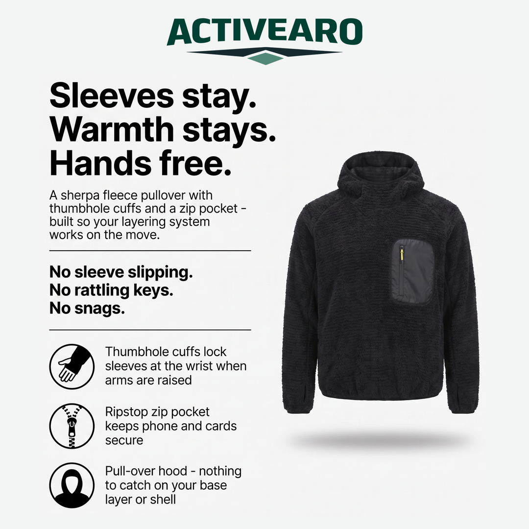 Sherpa fleece hoodie features: thumbhole cuffs, ripstop zip chest pocket, pull-over hood