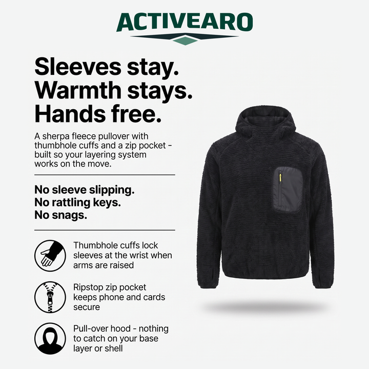 Sherpa fleece hoodie features: thumbhole cuffs, ripstop zip chest pocket, pull-over hood