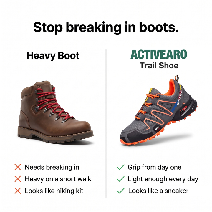 Men's trail running shoes vs heavy hiking boot comparison: grip from day one, light enough every day, looks like a sneaker