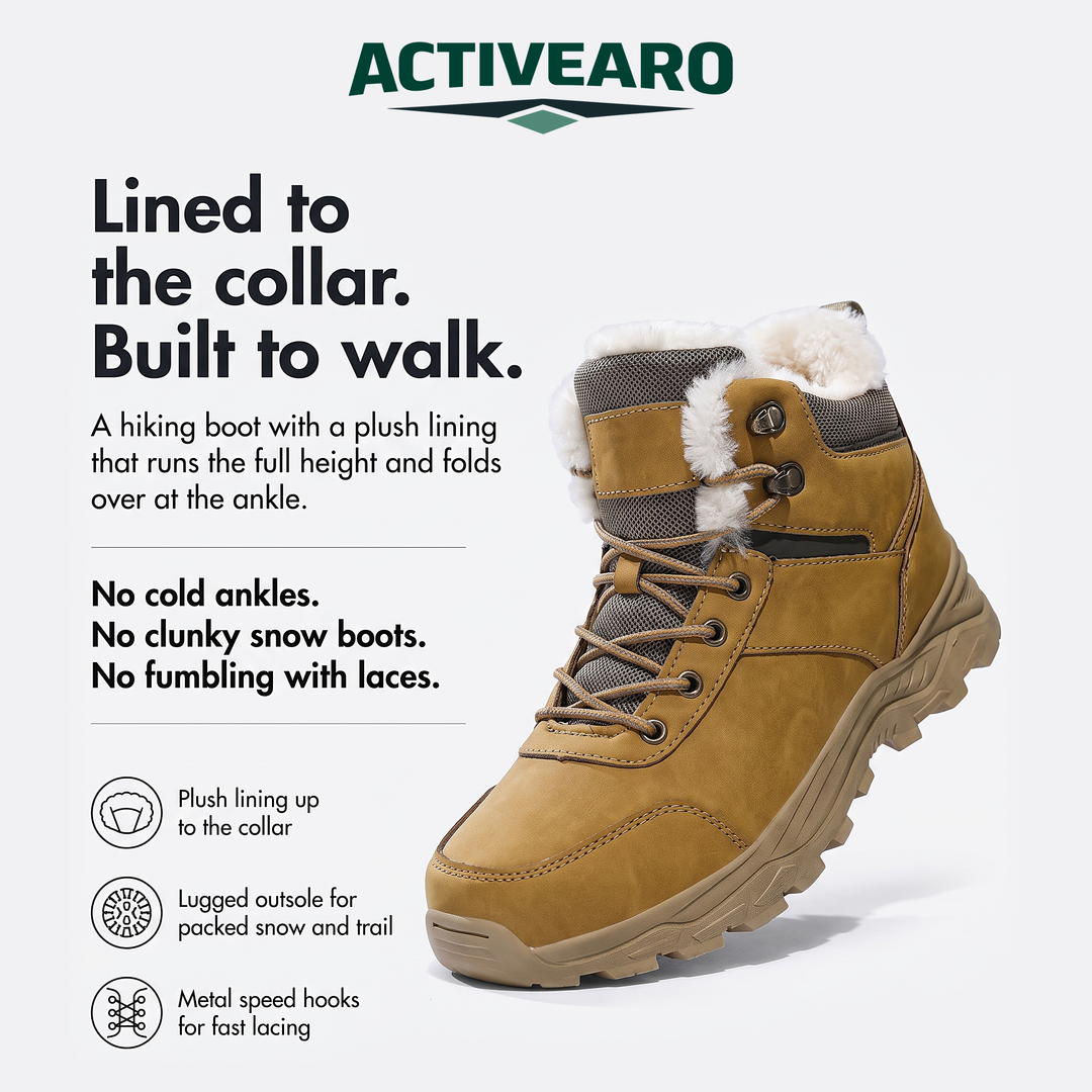 Activearo snow boot with plush lining to the collar, lugged outsole and metal speed hooks