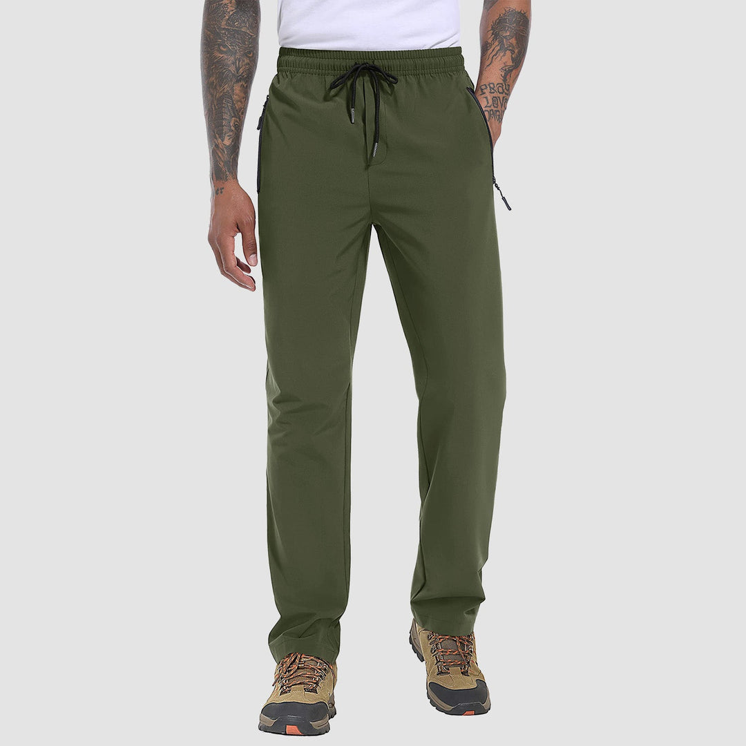 Men's lightweight hiking pants in Army Green, front view